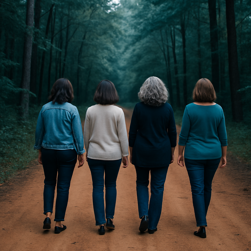 Multiple women, aged 40-50's, wearing modern day clothing. be sure you can see her entire body, but facing where you cannot see her face. Make the forested land stereotypical of forests in the US Southeast. Be sure to have some teal/blue dark tones within the photo to blend with the branding color. Have her on a clay dirt road, leading away from her. Make this a long-view image.
, None
