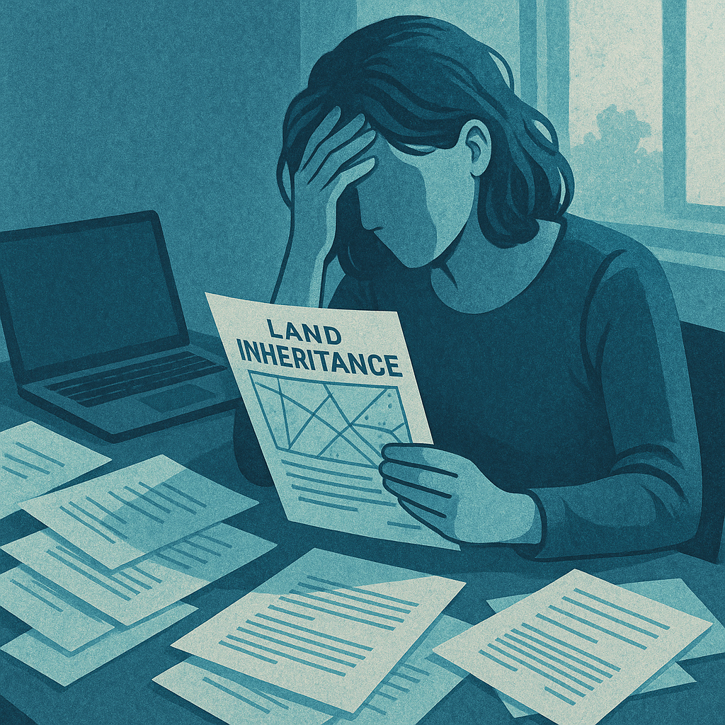 Using Blue-teal imagery, make a woman looking over her land inheritance paperwork at a desk near a laptop computer with paperwork everywhere, make her look stressed without seeing her actual face, None