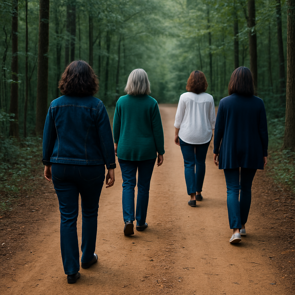 Multiple women, aged 40-50's, wearing modern day clothing. be sure you can see her entire body, but facing where you cannot see her face. Make the forested land stereotypical of forests in the US Southeast. Be sure to have some teal/blue dark tones within the photo to blend with the branding color. Have her on a clay dirt road, leading away from her. Make this a long-view image.
, None